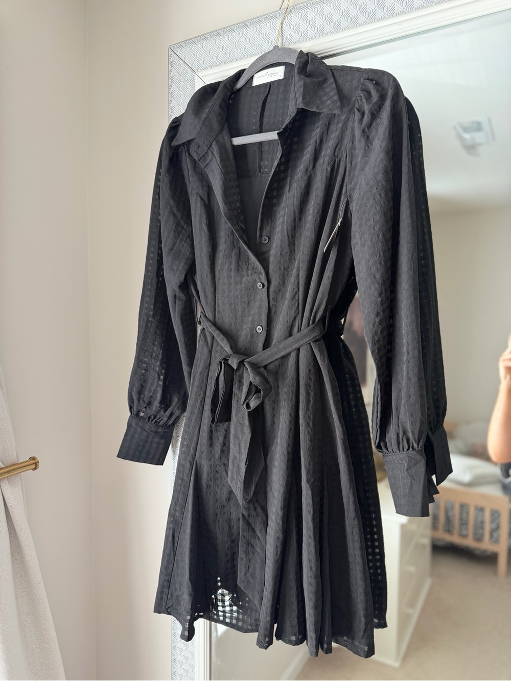 Black Button-Front Shirt Dress with Waist Tie
